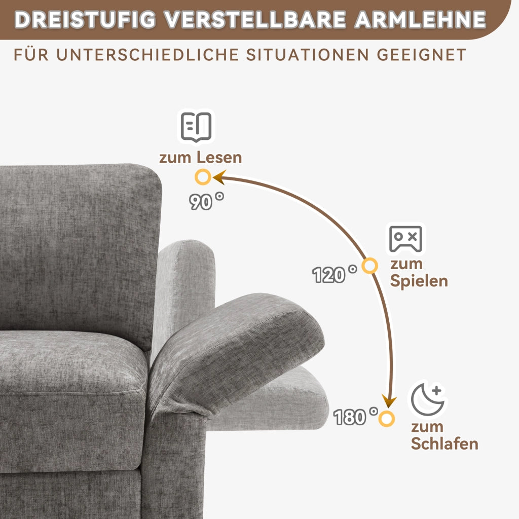 Divano Angolare 3 Posti con Poggiapiedi ¨C Xylo ¨C Grigio, Tessuto Chenille, Cuscini, Braccioli Regolabili