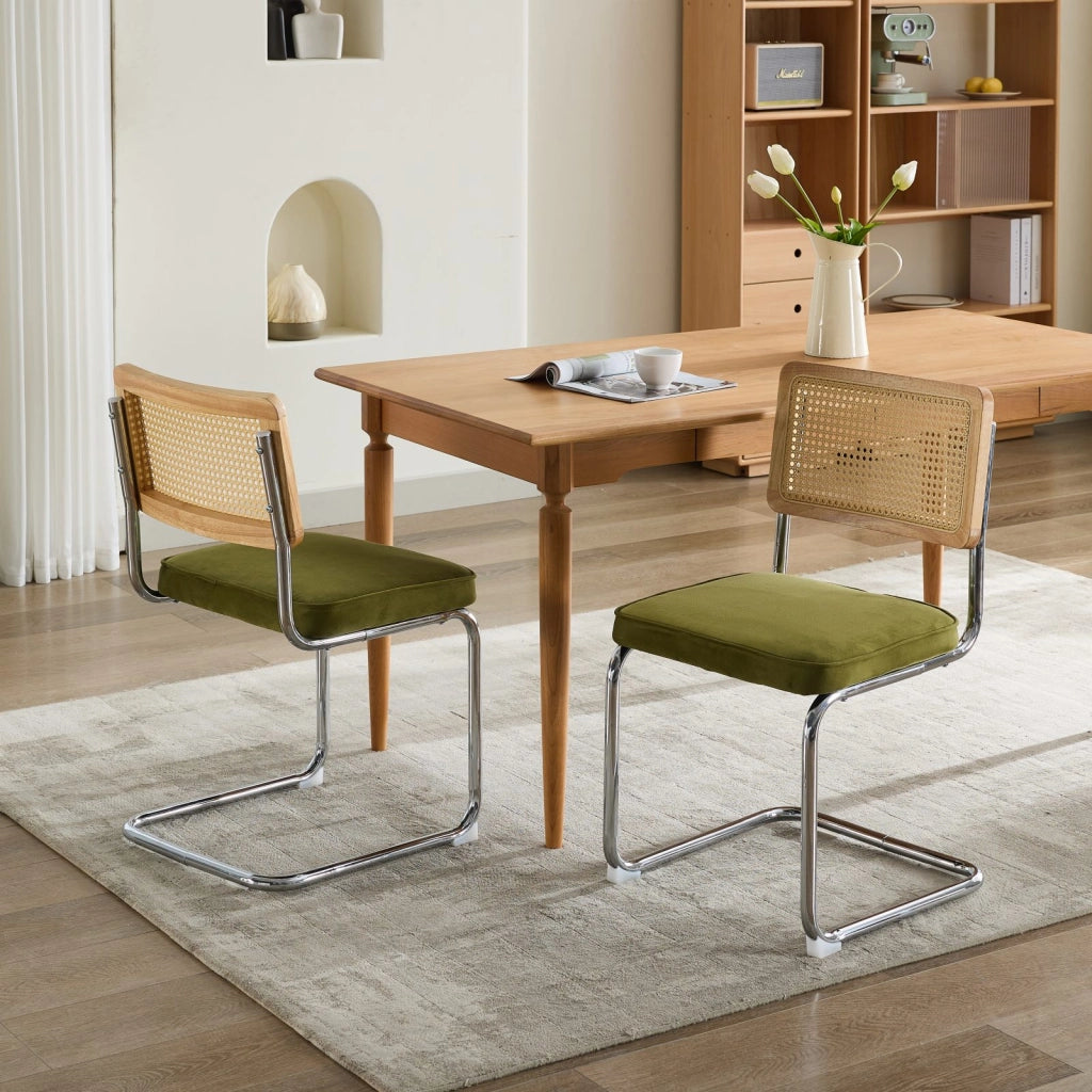Sedia da pranzo moderna - Zephmum- Set di 2, schienale in rattan, base cromata, verde oliva