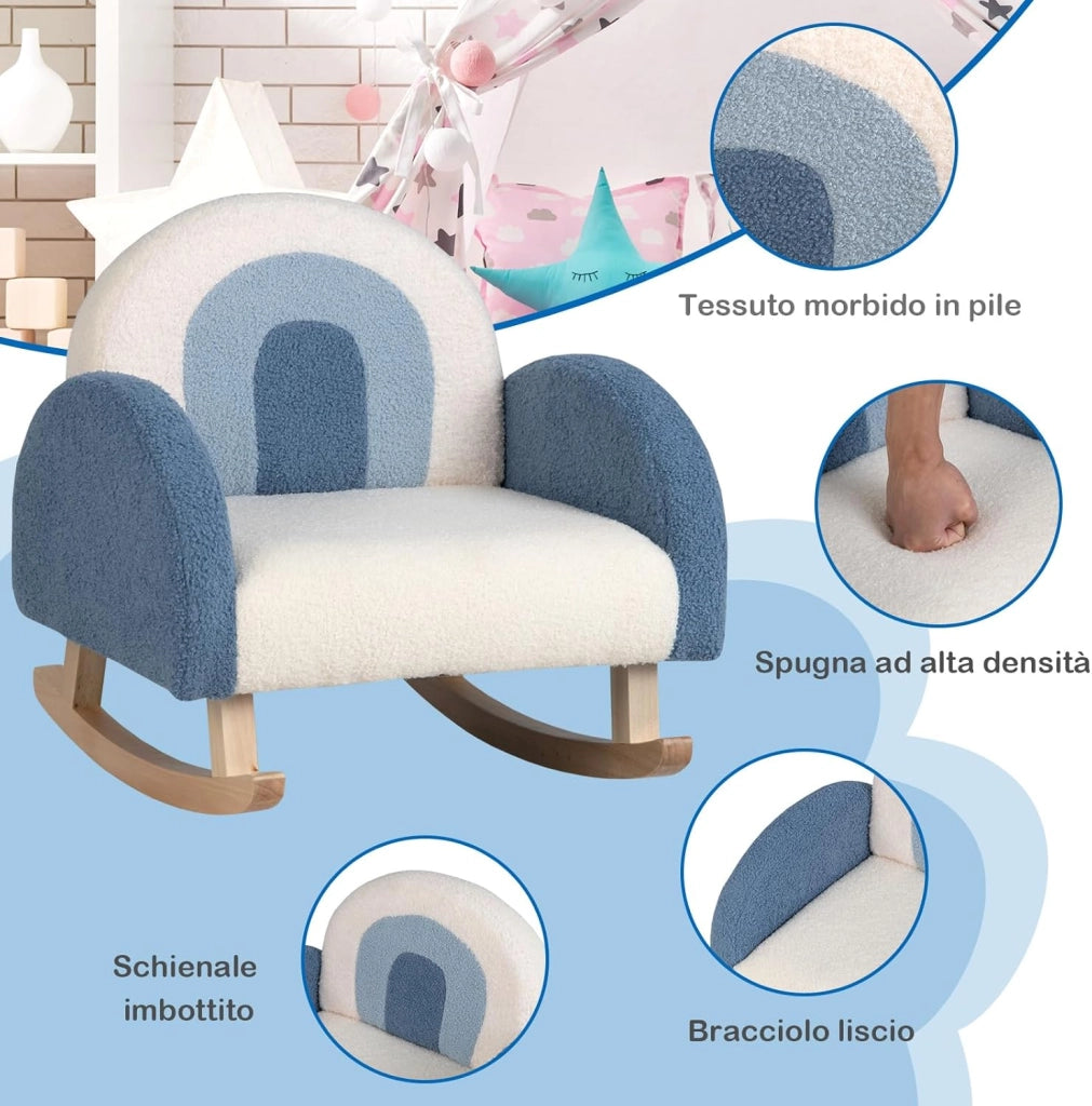 Sedia a Dondolo per Bambini con Gambe in Legno Massello, Poltrona per Bambini di 3-5 Anni, Divanetto Singolo Imbottito per Cameretta, 50,5 x 49 x 50,5 cm, Portata 50 kg (Blu)