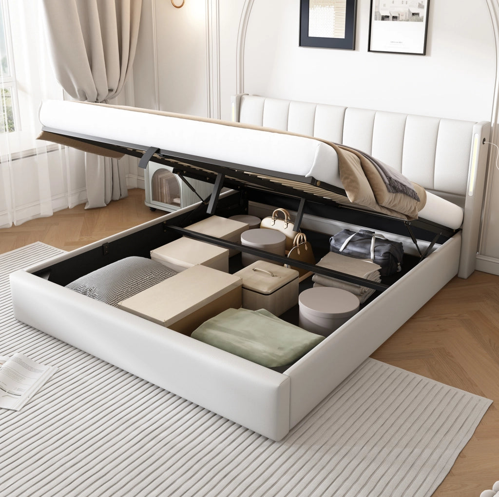 Letto imbottito LED 180x200 cm con vano contenitore bianco
