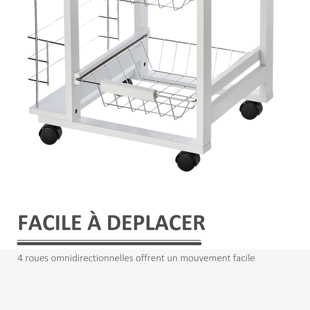 Carrello da cucina con ruote e 3 cestelli ¨C zephmum ¨C metallo, legno di pino, bianco