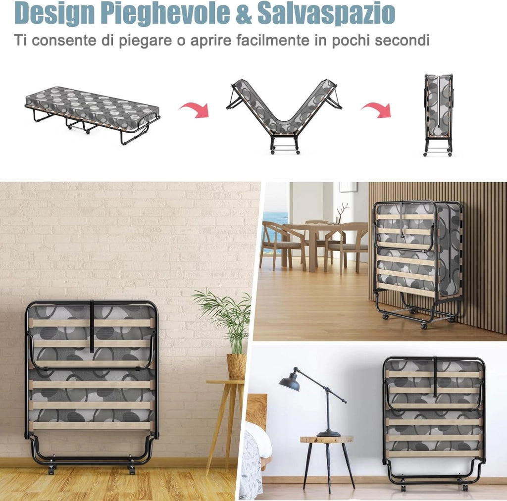 Brandina Pieghevole con Materasso, in Memory Foam, Struttura Resistente e 4 Ruote Girevoli, Lettino Pieghevole per Casa Ufficio, 190x80x33 cm (Grigio)