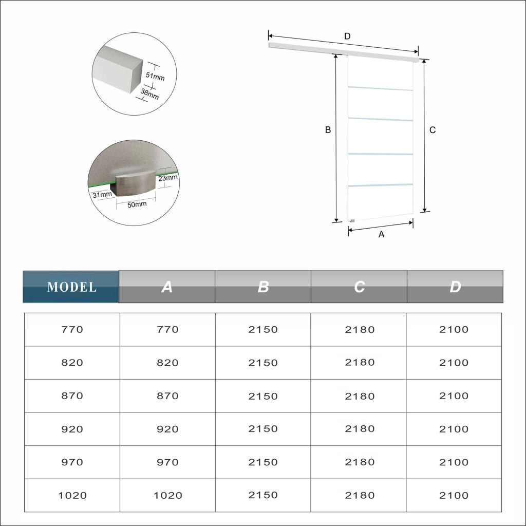 Porta Scorrevole Interna 97x215 cm in Vetro Temperato da 8 mm Opaco con Fasce Bianche Serigrafate Binario Alluminio Bianco