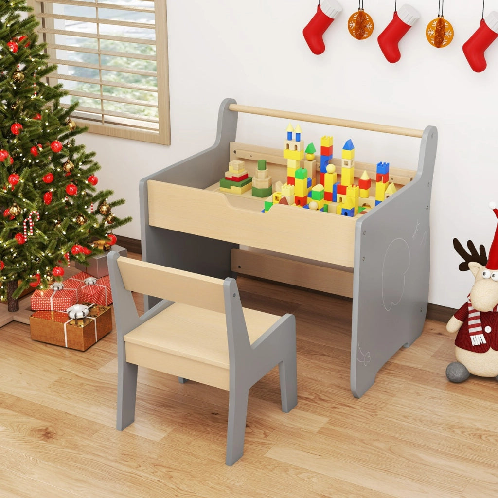 Set tavolo e sedia per bambini con piano rimovibile 2-in-1, Set scrivania in legno con spazio di archiviazione Grigio-Tavoli e sedie