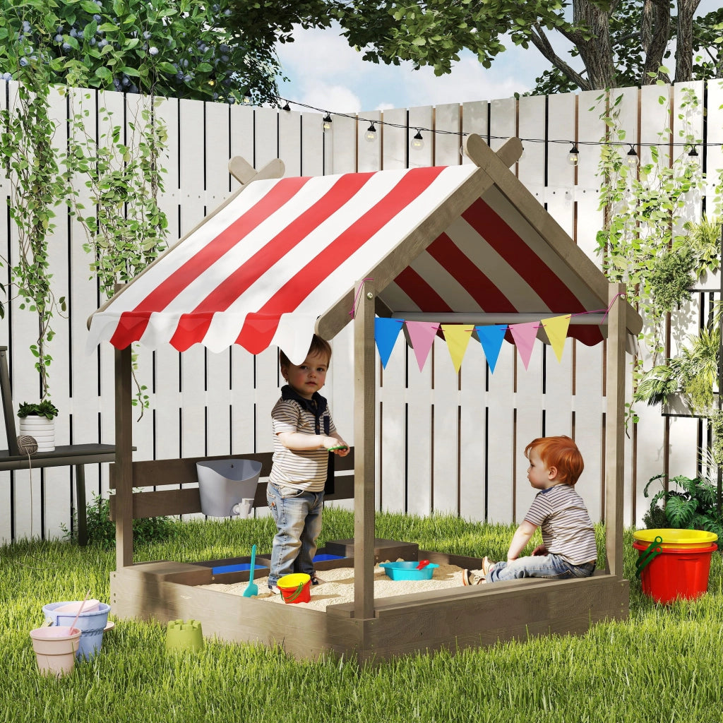Casa di gioco per bambini con sabbiera e ombrellone ¨C zephmum ¨C 124x116x146 cm, legno massello, grigio