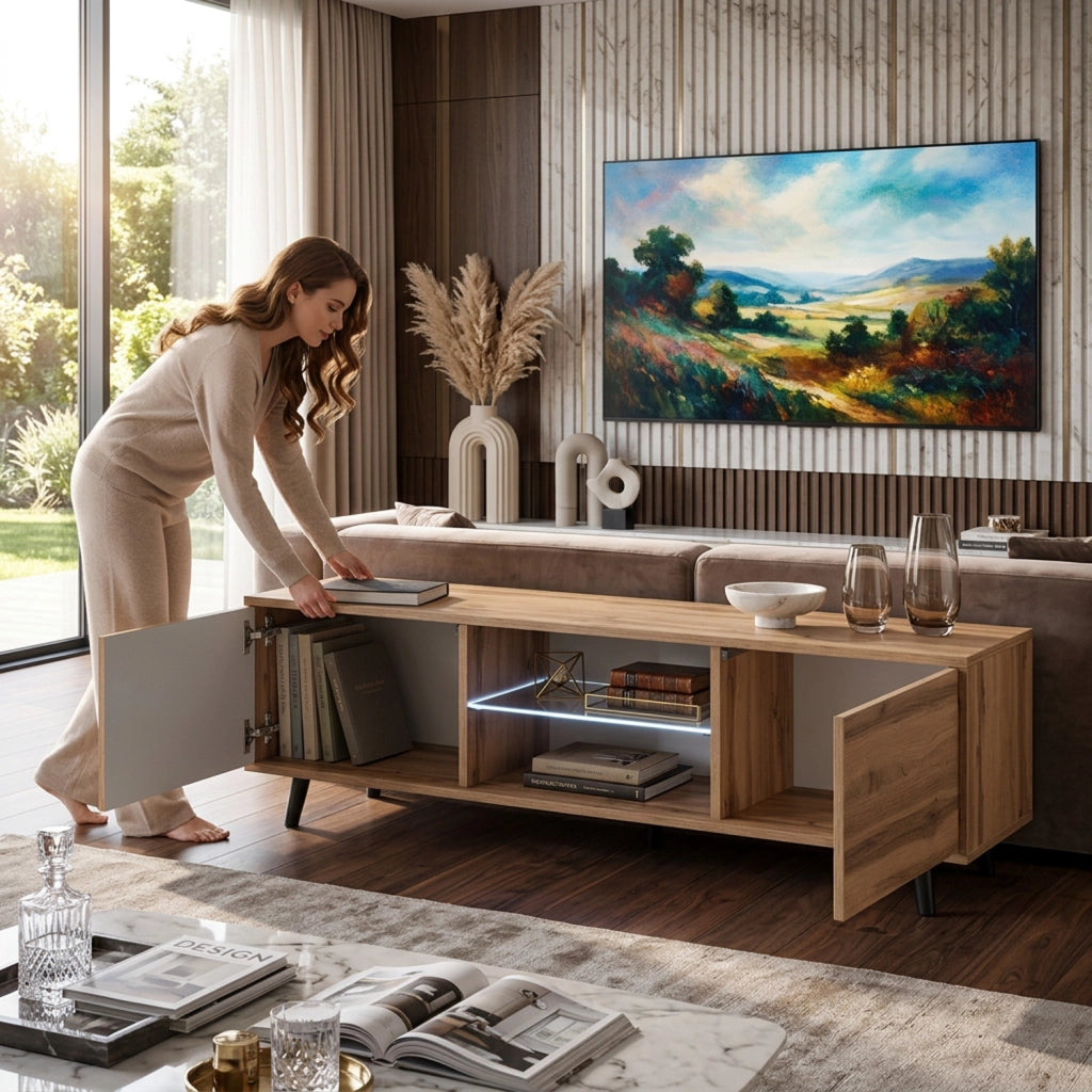 Mobile TV In Melaminico Con 2 Ante Battenti Vano Centrale Con Ripiano In Vetro E LED Piedini In Metallo Per Soggiorno Salotto Zona Living 140 X 31.5 X 40 Cm Rovere
