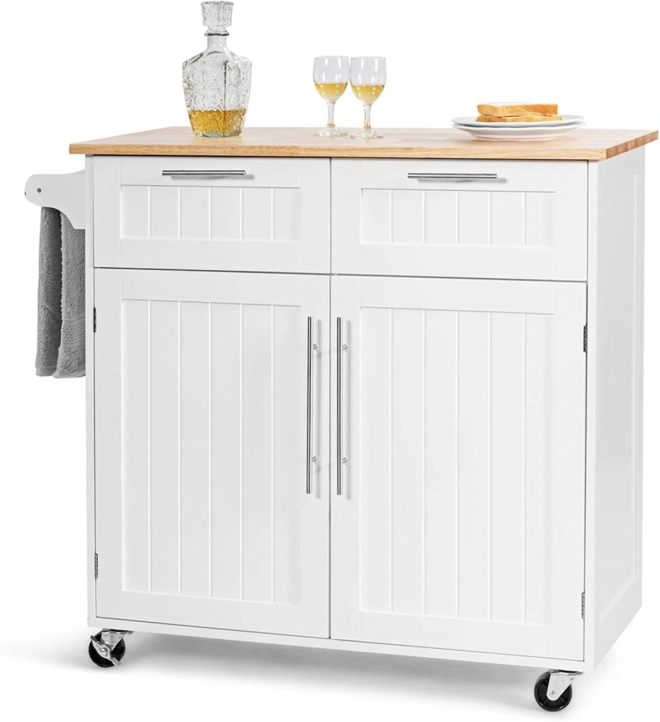 Carrello da Cucina, Isola da Cucina con Cassetti Portaoggetti e Armadietti, Ruote Universali e Portasciugamani, Ideale per Casa Ristorante Bar (Bianco)