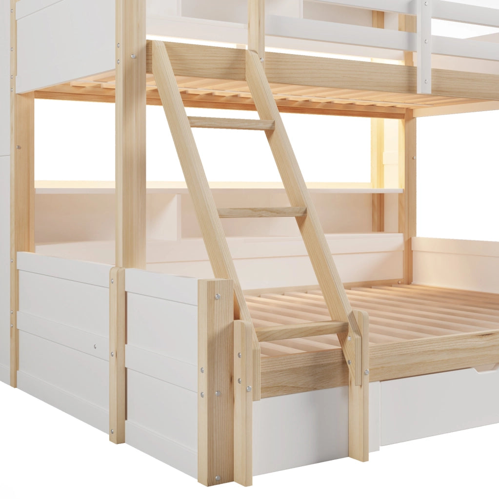 Letto a castello per bambini 90x200 cm + 140x200 cm in pino; bianco e naturale; con LED; cassetto e vani aperti