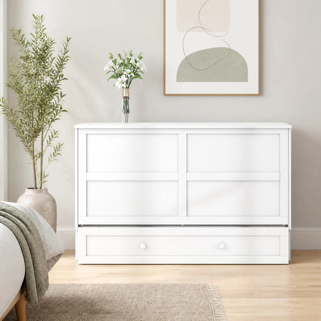 Letto a scomparsa matrimoniale 140x200 cm con cassetto e mensole; bianco