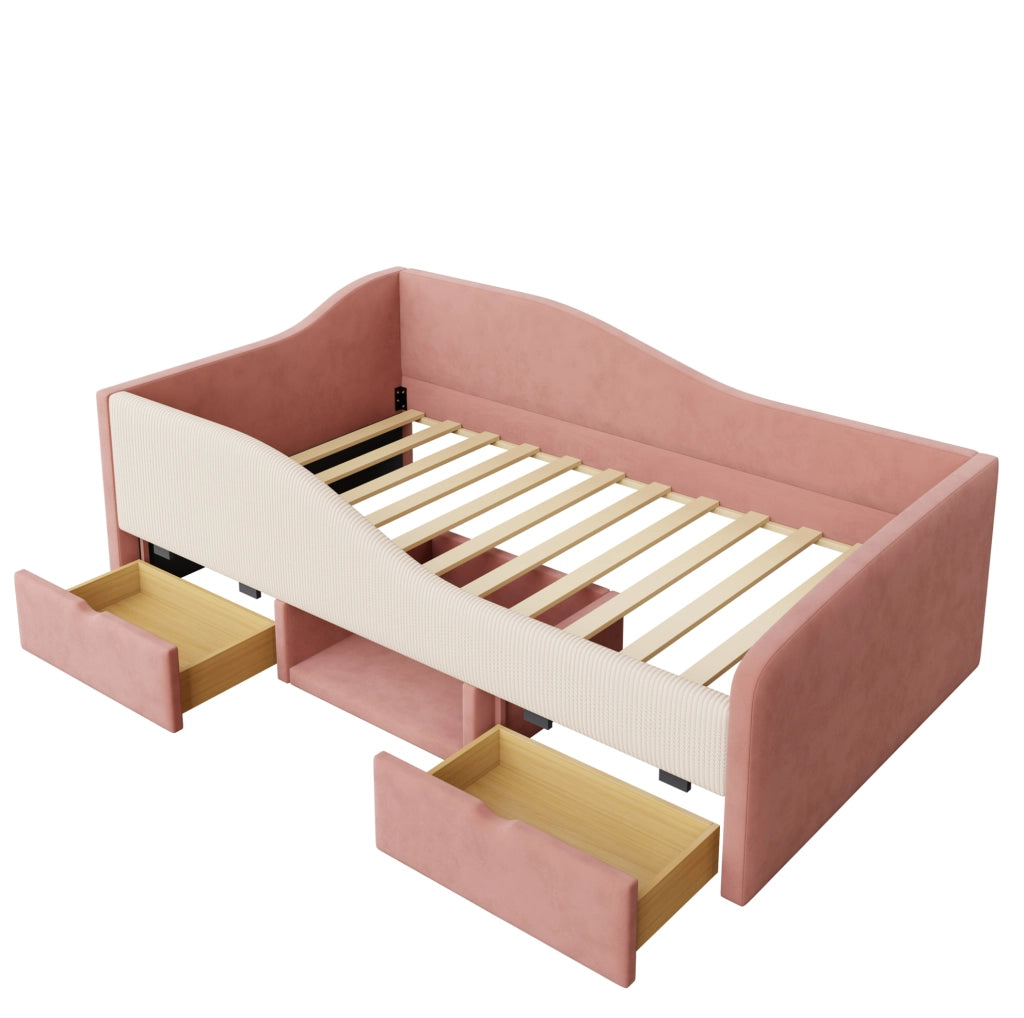 Letto imbottito per bambini 90x190 cm rosa e bianco con cassetti