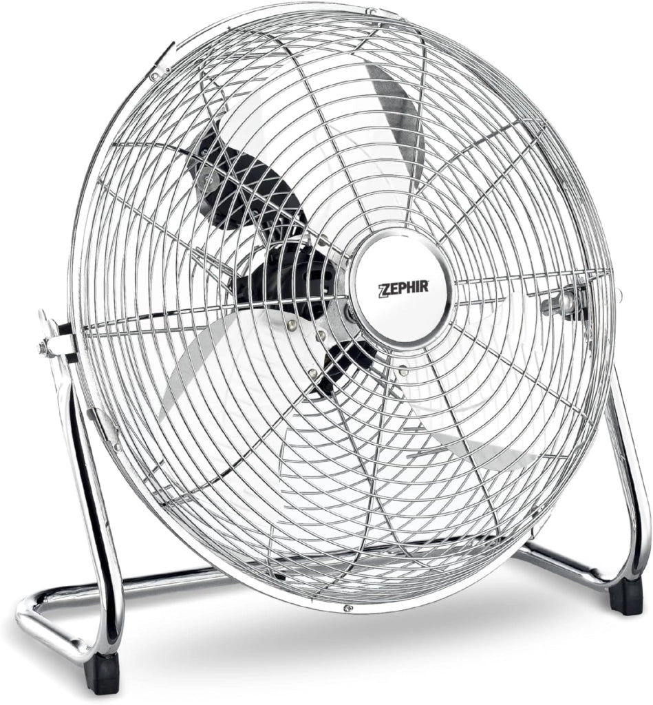 ventilatore industriale da pavimento Zephir PF45CR con pale da 45 cm, 3 velocità, inclinazione regolabile e struttura in metallo cromato. Potente, silenzioso e ideale per grandi ambienti.