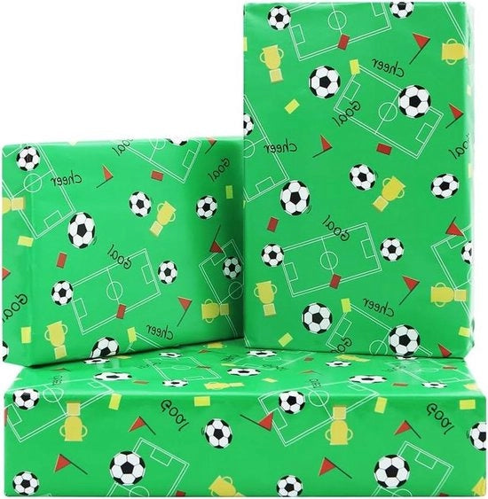 Papier da Regalo per Trofei di Calcio con Campo da Gioco - 4 Fogli 50 x 70 cm per Foglio