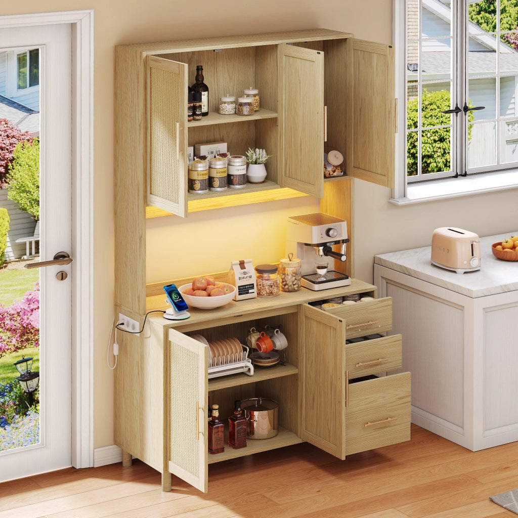 OKWISH Credenza da Cucina Alta con 5 Ante e 3 Cassetti, LED con Controllo tramite App, Prese e USB, Naturale
