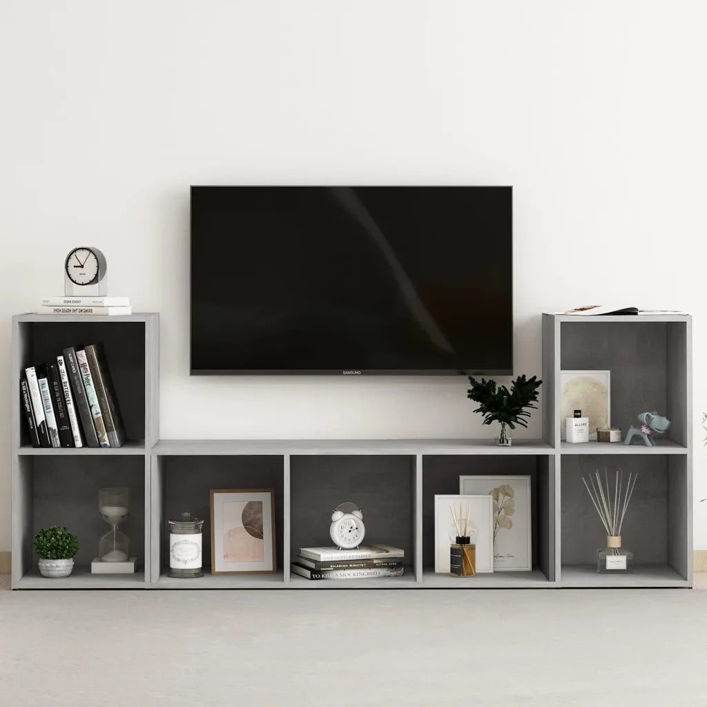 Set Mobile TV 3 pz-Set di 3 Credenza per TV Grigio Cemento in Legno Multistrato