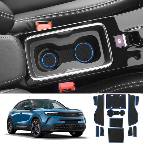 Materassini antislip per Opel Mokka B Mokka-E 2021-2024, tappeti in gomma per console centrale, tappeti per porta, supporto per bicchieri in gomma, accessori per Opel Mokka (blu)