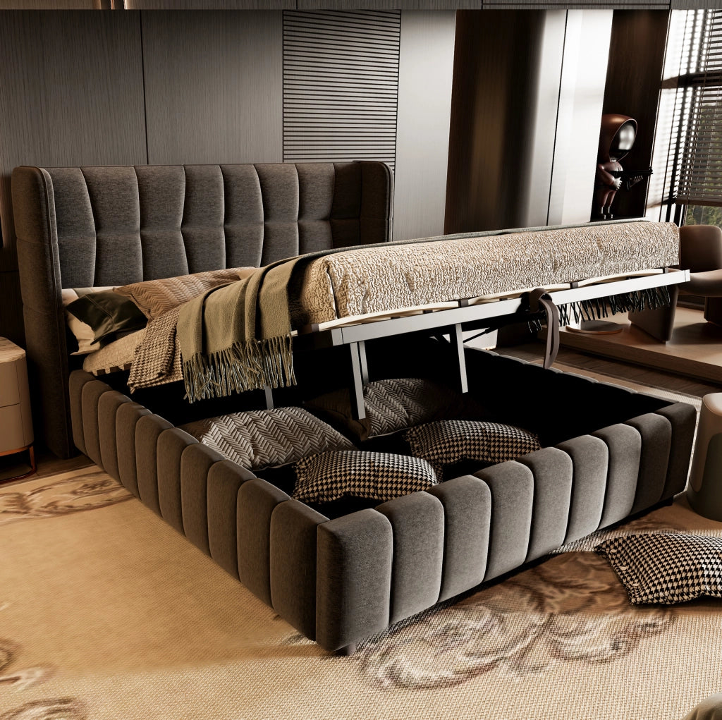 Letto imbottito 213x188x101 cm con vano contenitore in tessuto grigio