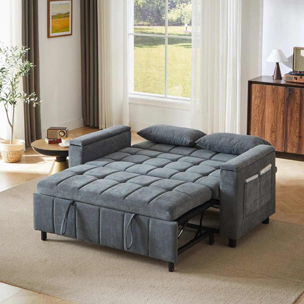 Divano letto 2 posti 3 in 1 con contenitore nei braccioli e tasche laterali, struttura in metallo, in ciniglia grigio