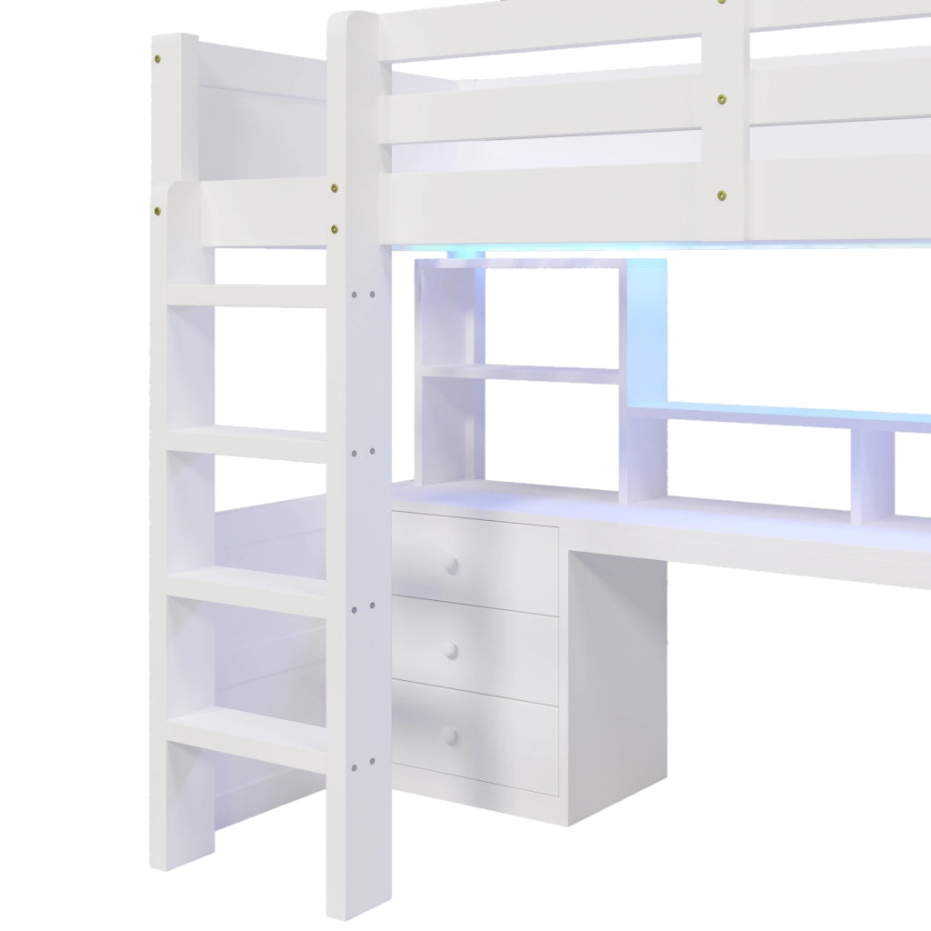 LETTO a soppalco 90x200 cm Legno massello Bianco con LED, scrivania e armadio