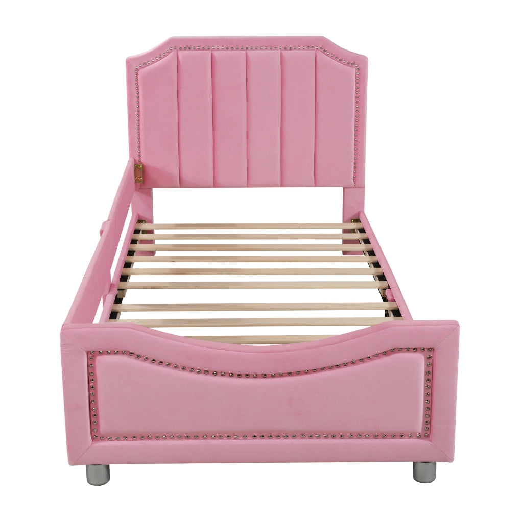 Polsterbett 90x200 cm in flanella rosa con testiera e pediera