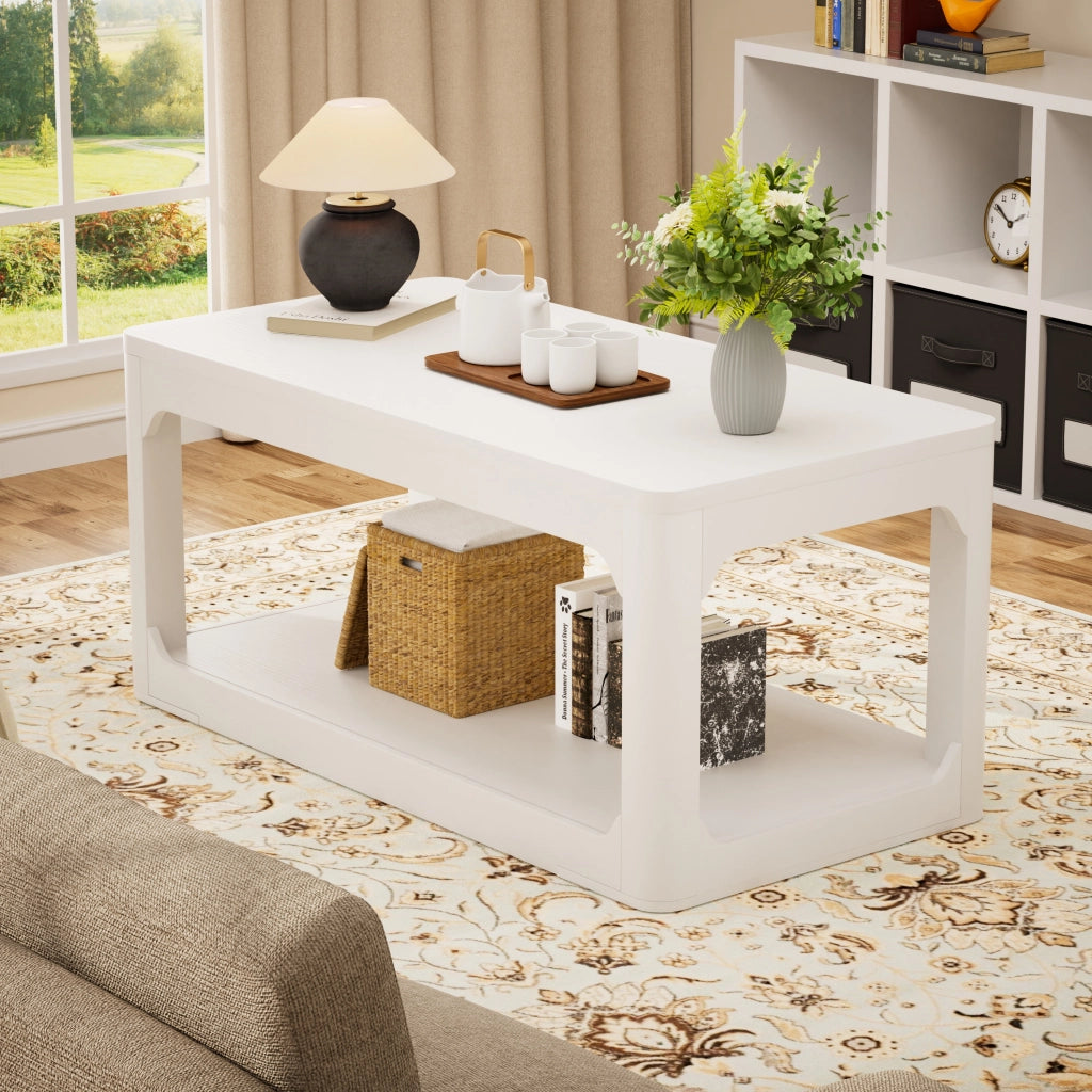 Tavolino da caffè con 2 ripiani portaoggetti; design moderno minimalista; in MDF; bianco; per soggiorno