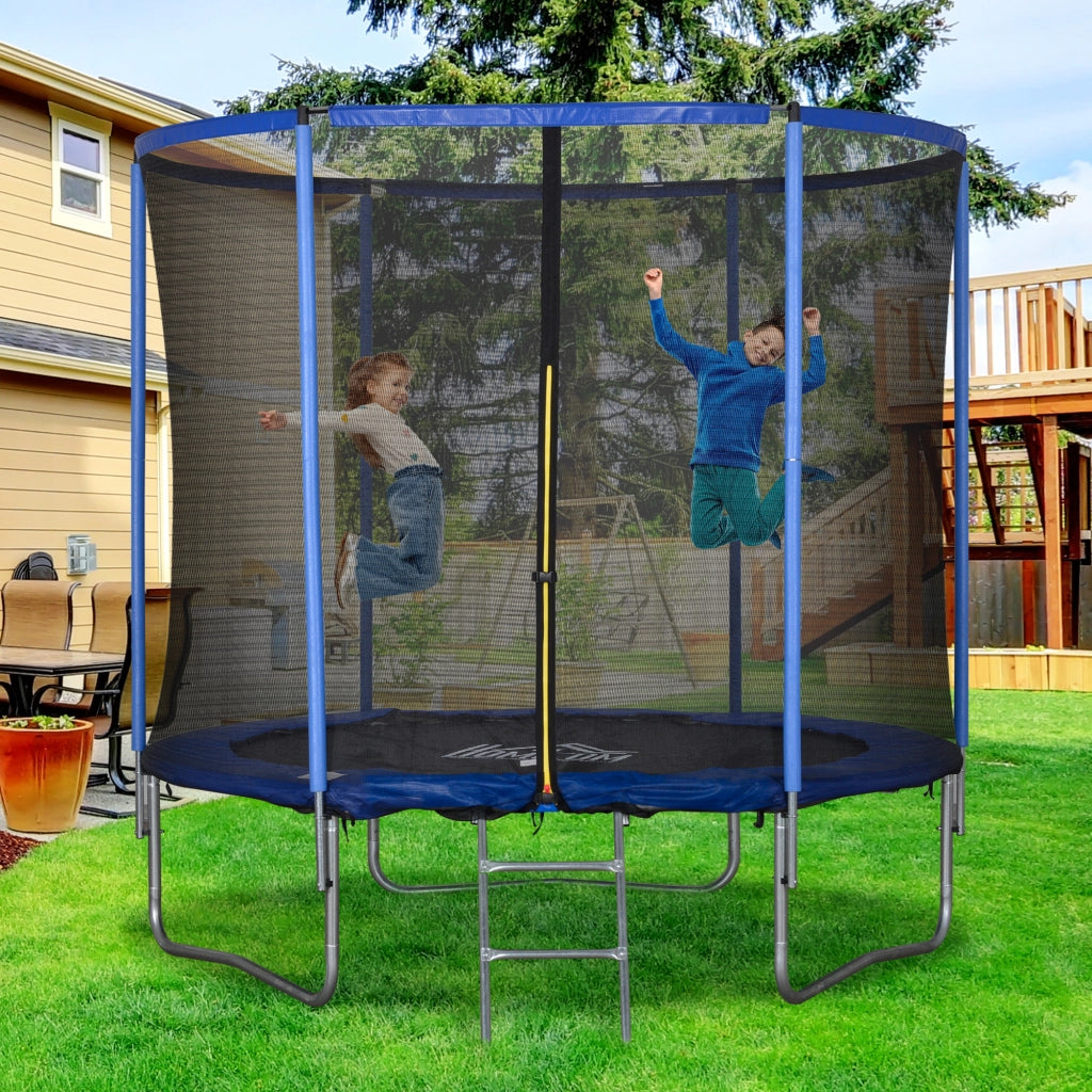 Trampolino Elastico da Esterno, Tappeto Elastico per Adulti da Giardino con Rete di Sicurezza e Bordo Imbottito, Giochi da Giardino e Casa, ?244x240cm, Blu e Nero