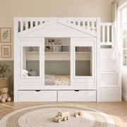Letto a casetta con scale contenitore a destra, 90x200 cm, bianco, in pino massiccio e MDF
