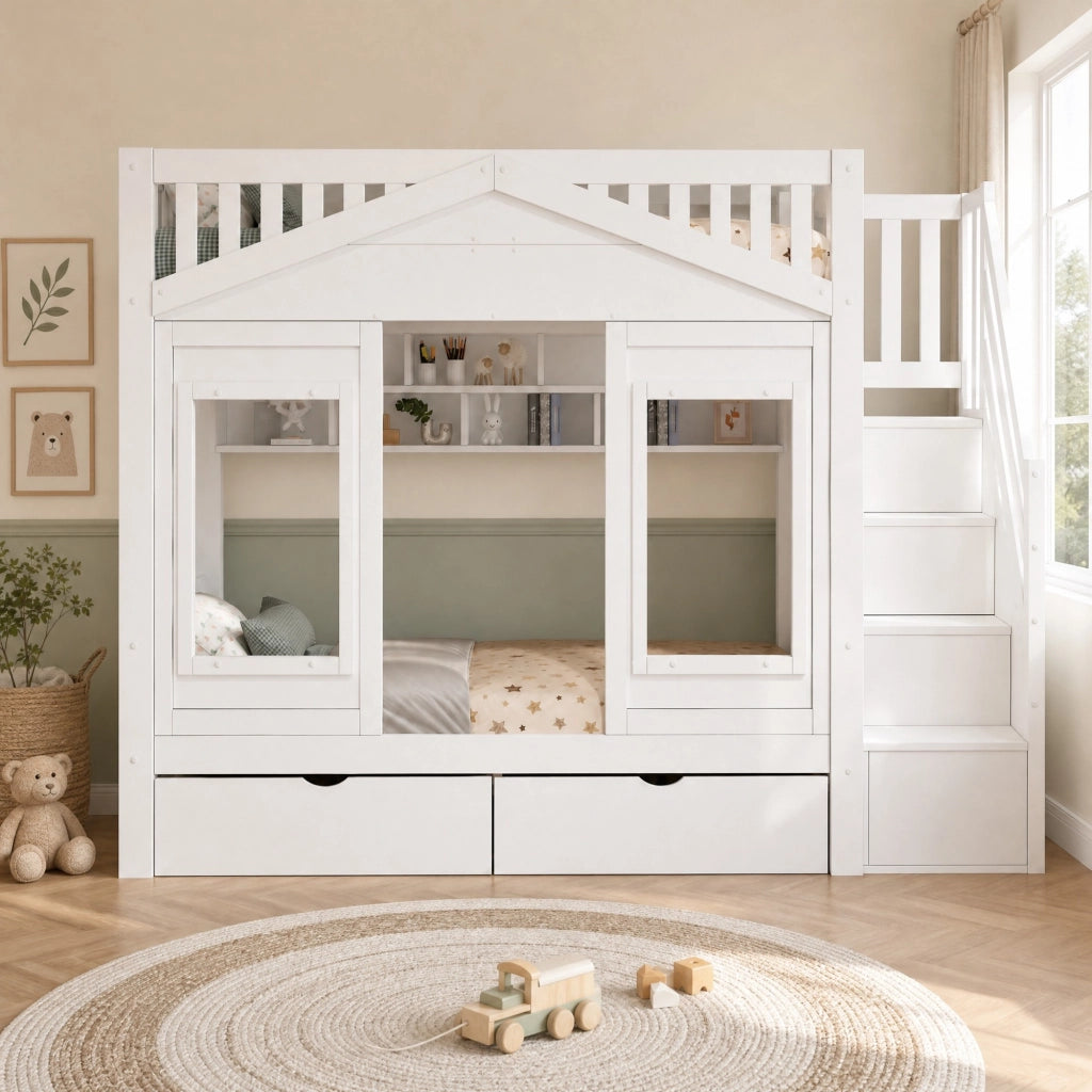 Letto a casetta con scale contenitore a destra, 90x200 cm, bianco, in pino massiccio e MDF