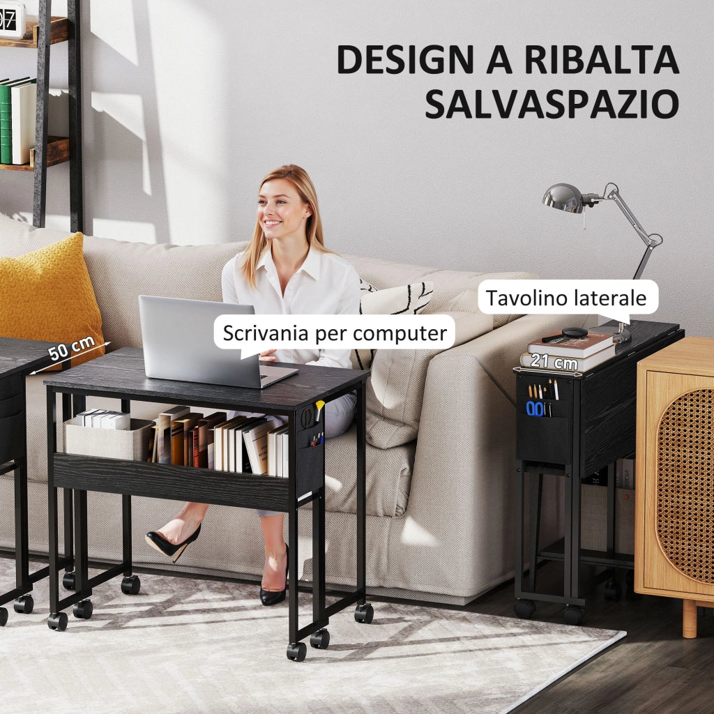 Scrivania Pieghevole Salvaspazio a Ribalta con Scaffale, Tasca Portaoggetti e Ruote, Nero