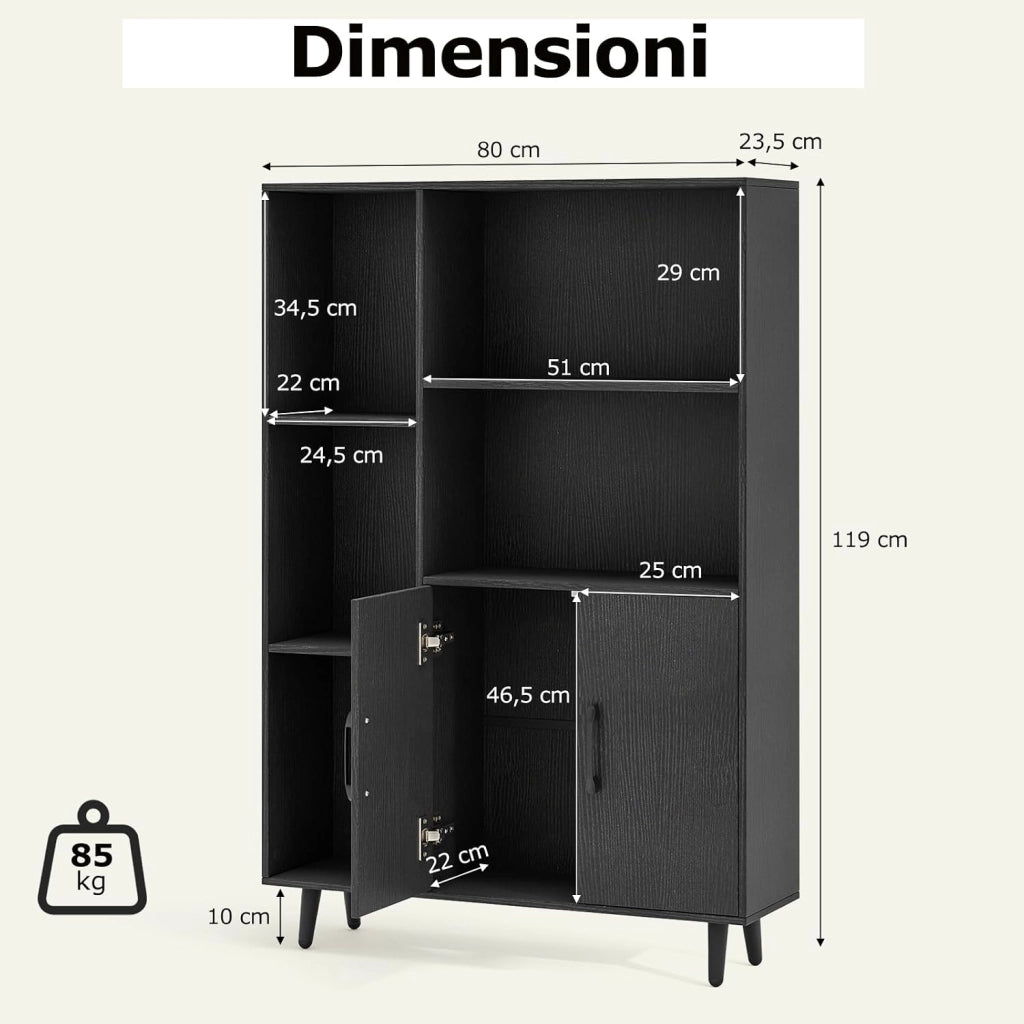 Libreria Scaffale con 5 Ripiani a Cubo Aperti e 2 Ante, Scaffale Espositivo in Legno Salvaspazio, Mobile per Camera da Letto, Soggiorno, Salotto, Ufficio e Studio, 80 x 23,5 x 119 cm (Nero)