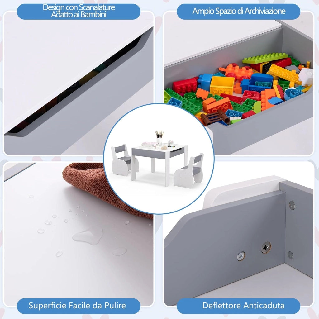 Tavolo e Sedie per Bambini 3 in 1, Tavolino con Lavagna Rimovibile e Archiviazione, per Cameretta (Bianco e Grigio)