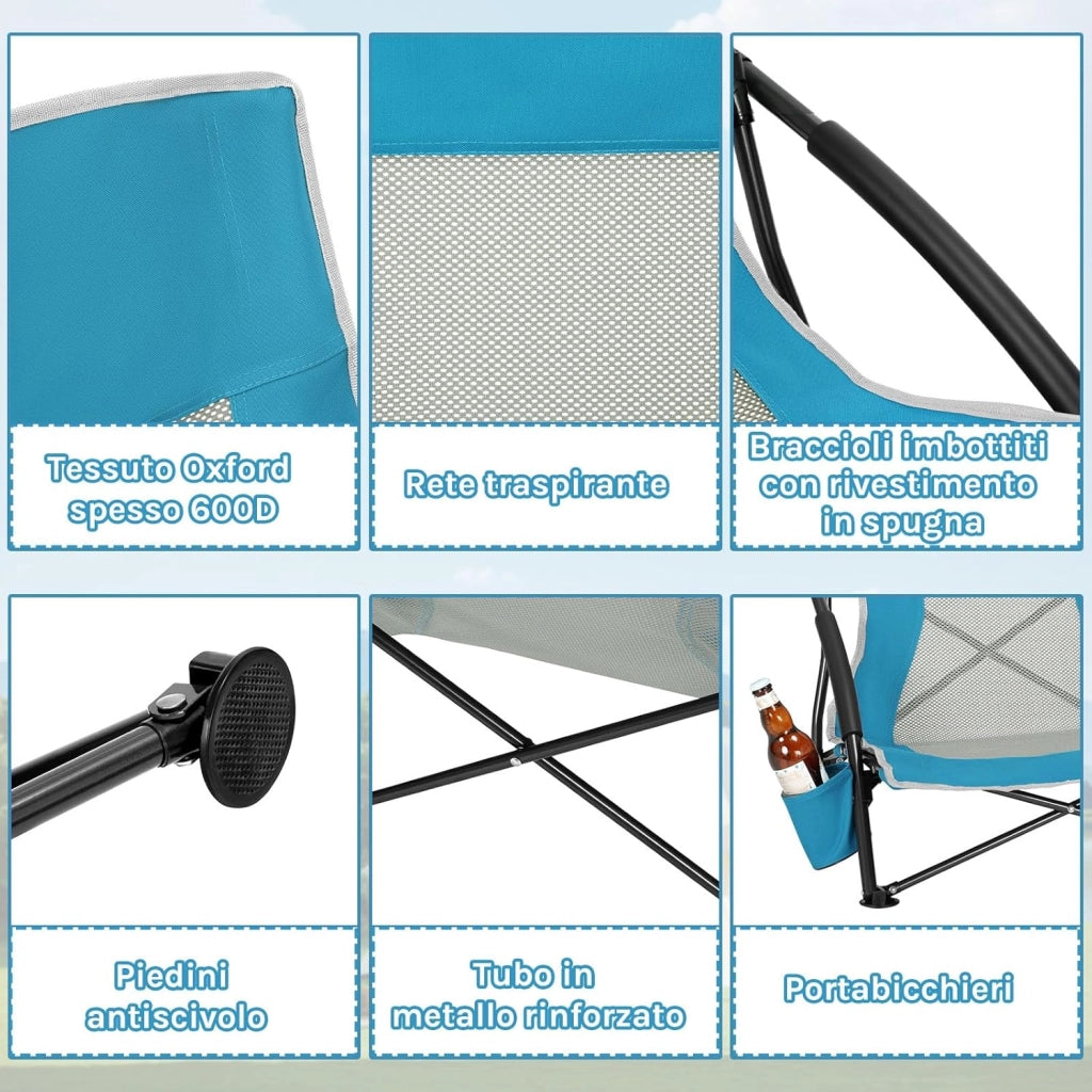 Sedia da Spiggia/Campeggio Bassa Pieghevole Set di 2, Sedia Portatile da Esterno Leggera con Schienale in Rete Traspirante, Portabicchieri, Borsa di Trasporto, Blu