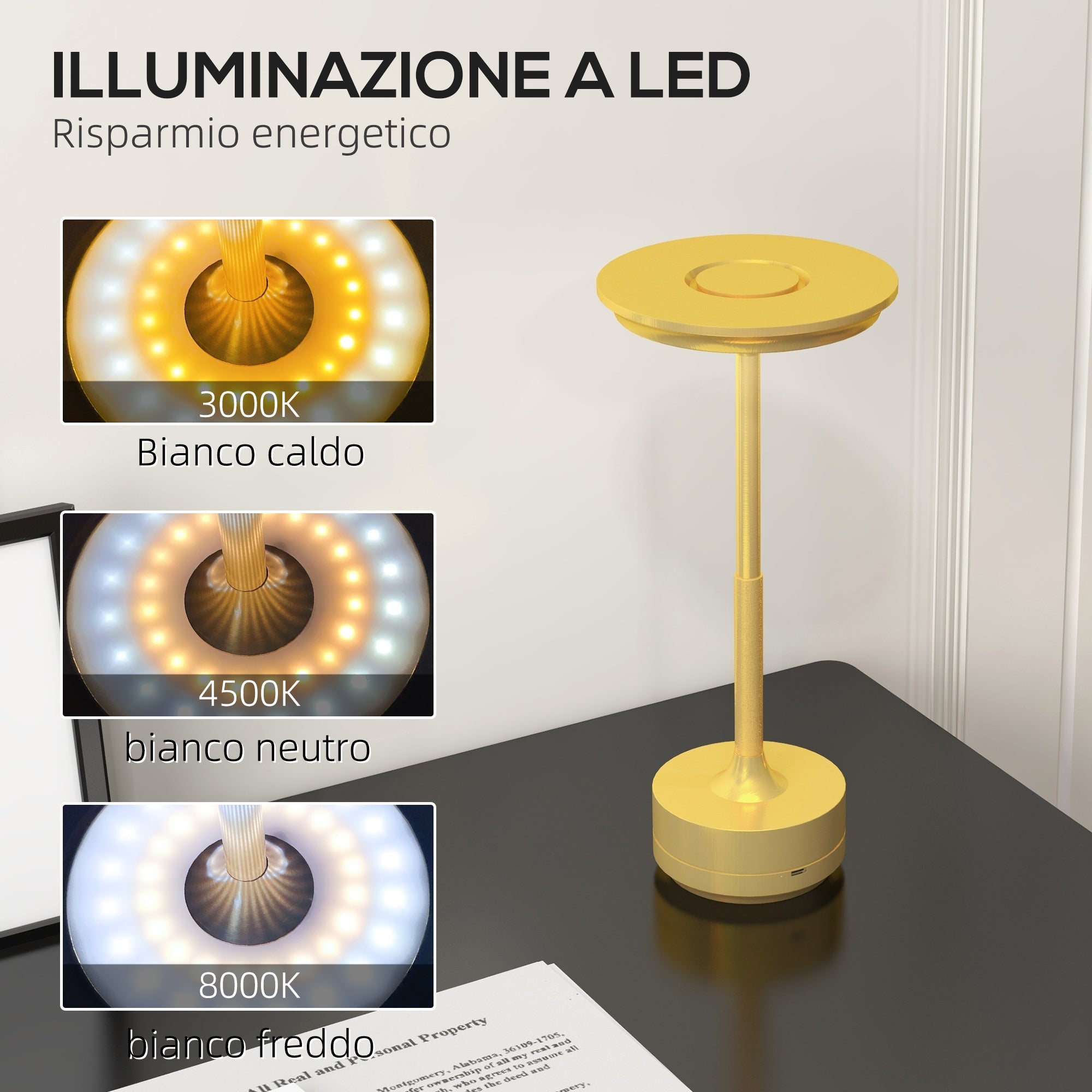 Lampada da Tavolo a LED Senza Filo Touch Ø13x28,5 cm Batteria Ricaricabile Oro