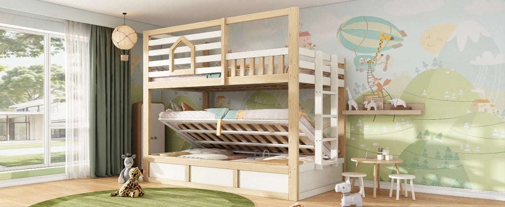 Letto a castello per bambini 90 × 200 cm con scala, sponda di sicurezza e contenitore, senza materasso, bianco e rovere