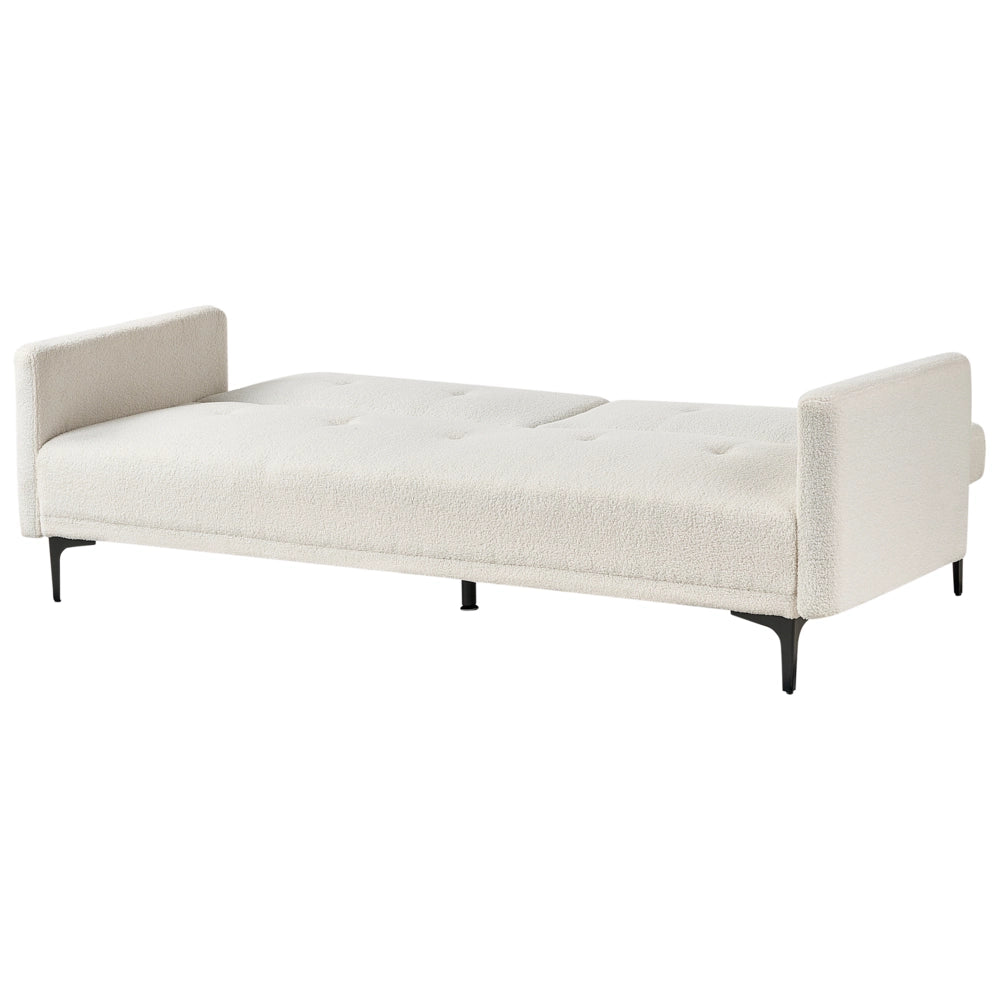 Divano letto moderno in tessuto bouclè bianco sporco a 3 posti con schienale con bottoni gambe nero design moderno scandinavo