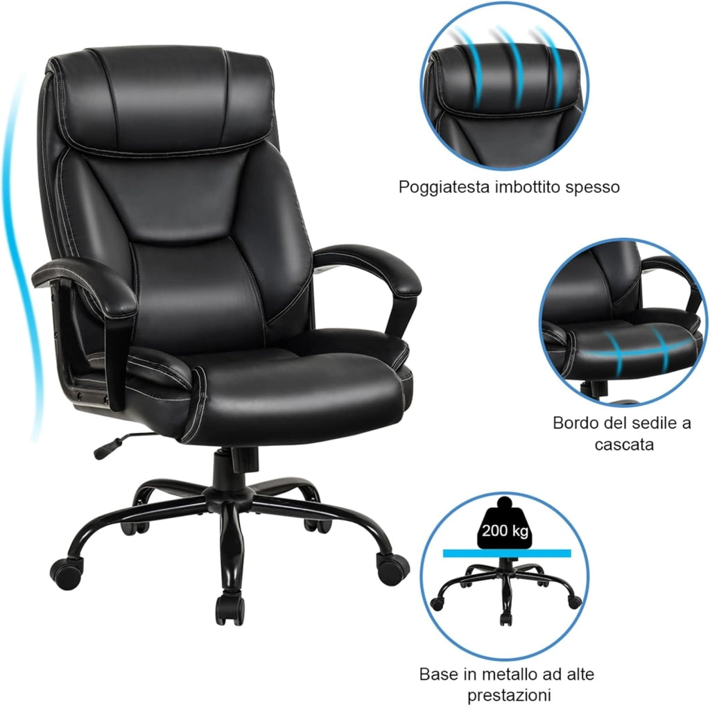 Poltrona da Ufficio Ergonomica Girevole, Sedia per Ufficio Regolabile con Poggiatesta Supporto Lombare e Braccioli, in Spugna Imbottita, Nera