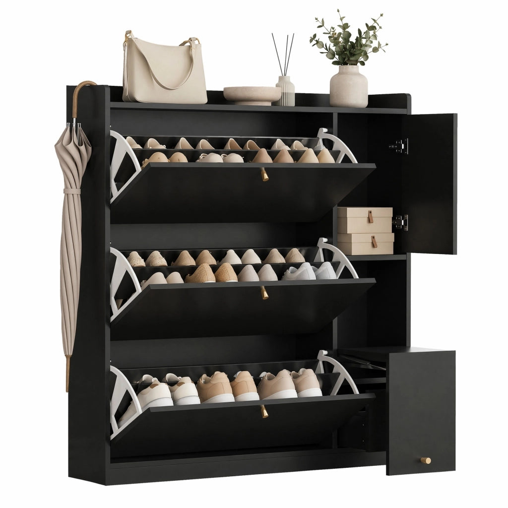 Scarpiera salvaspazio con 3 ribalte; seduta pieghevole e cassetto; 119x24x122 cm; nero