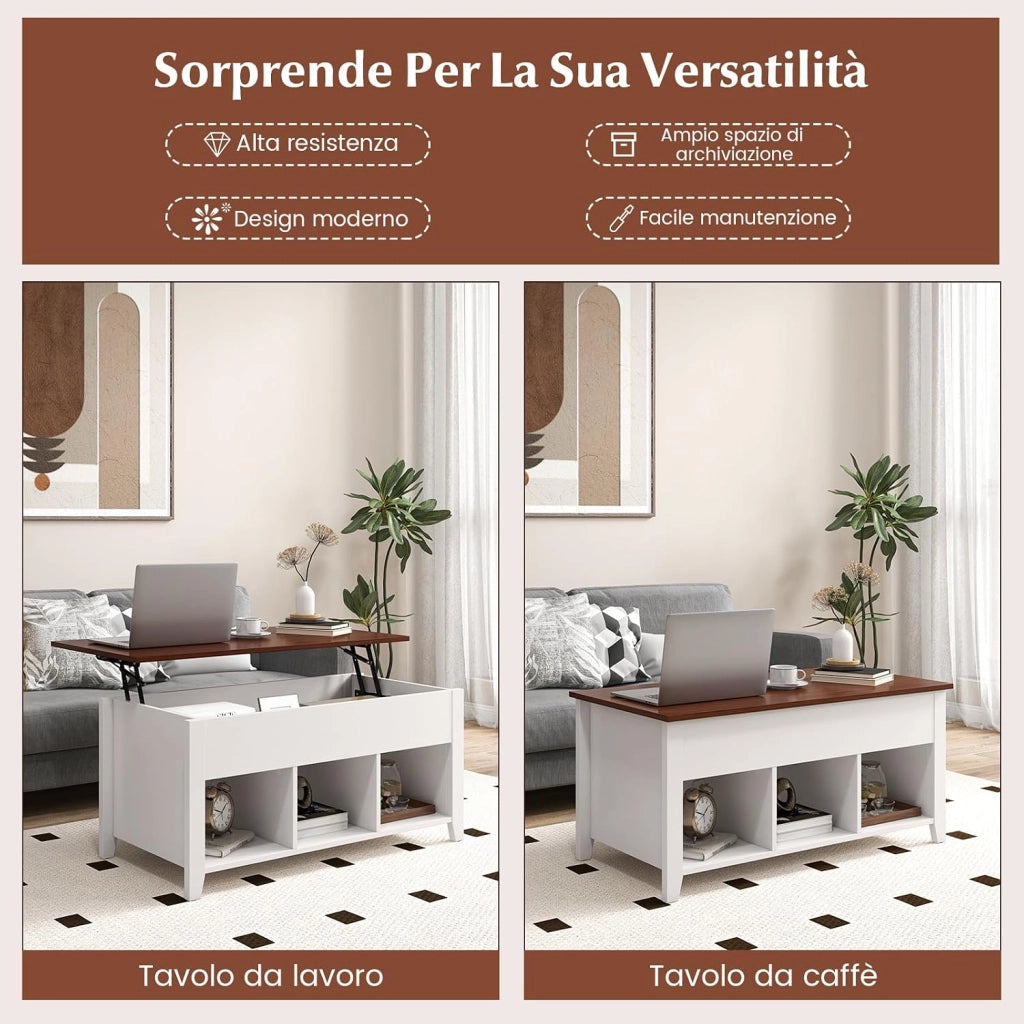 Tavolino da Caffè di Legno con Superficie Sollevabile, Tavolino Rettangolare da Divano con 3 Mensole Aperte, Mobile Multifunzionale per Salone e Ufficio, 104,5 x 49 x 62,5 cm (Bianco)