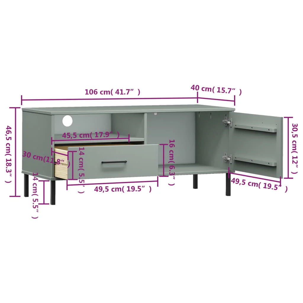 Mobile TV multimediale scaffale TV credenza mobile TV sala da pranzo soggiorno camera da letto con gambe in metallo legno di pino massiccio grigio 02_0026866