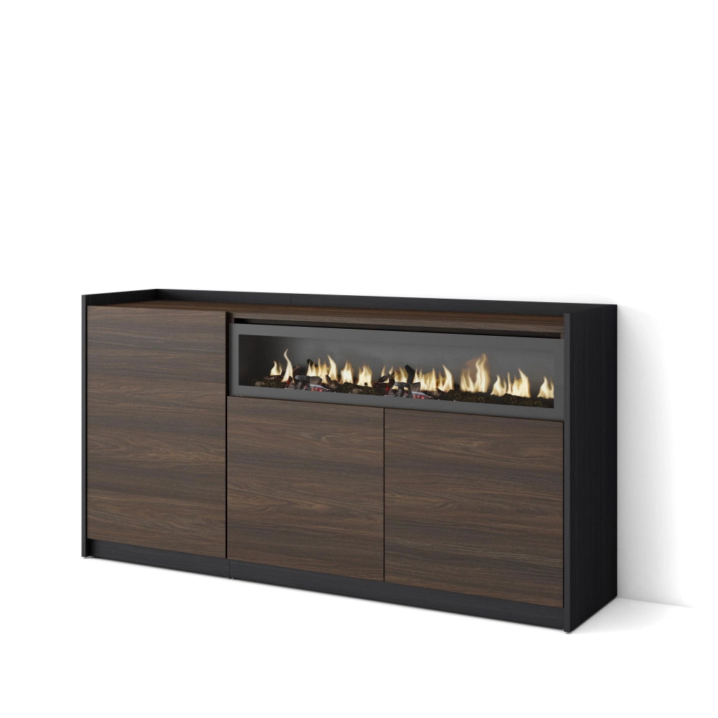 Credenza, Mobile, Cucina, 156x80x37 cm, 3 Porte, Camino elettrico, Rovere scuro e Nero