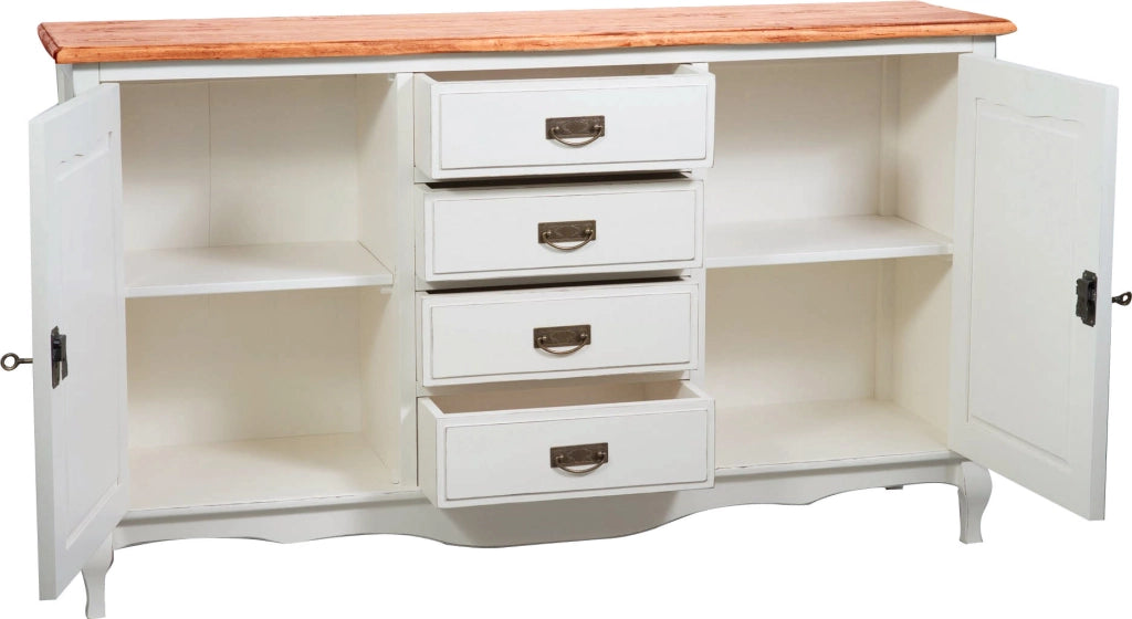 Biscottini Credenza Country in legno massello di tiglio struttura bianca anticata piano finitura naturale L160xPR42xH90 cm. Made in Italy