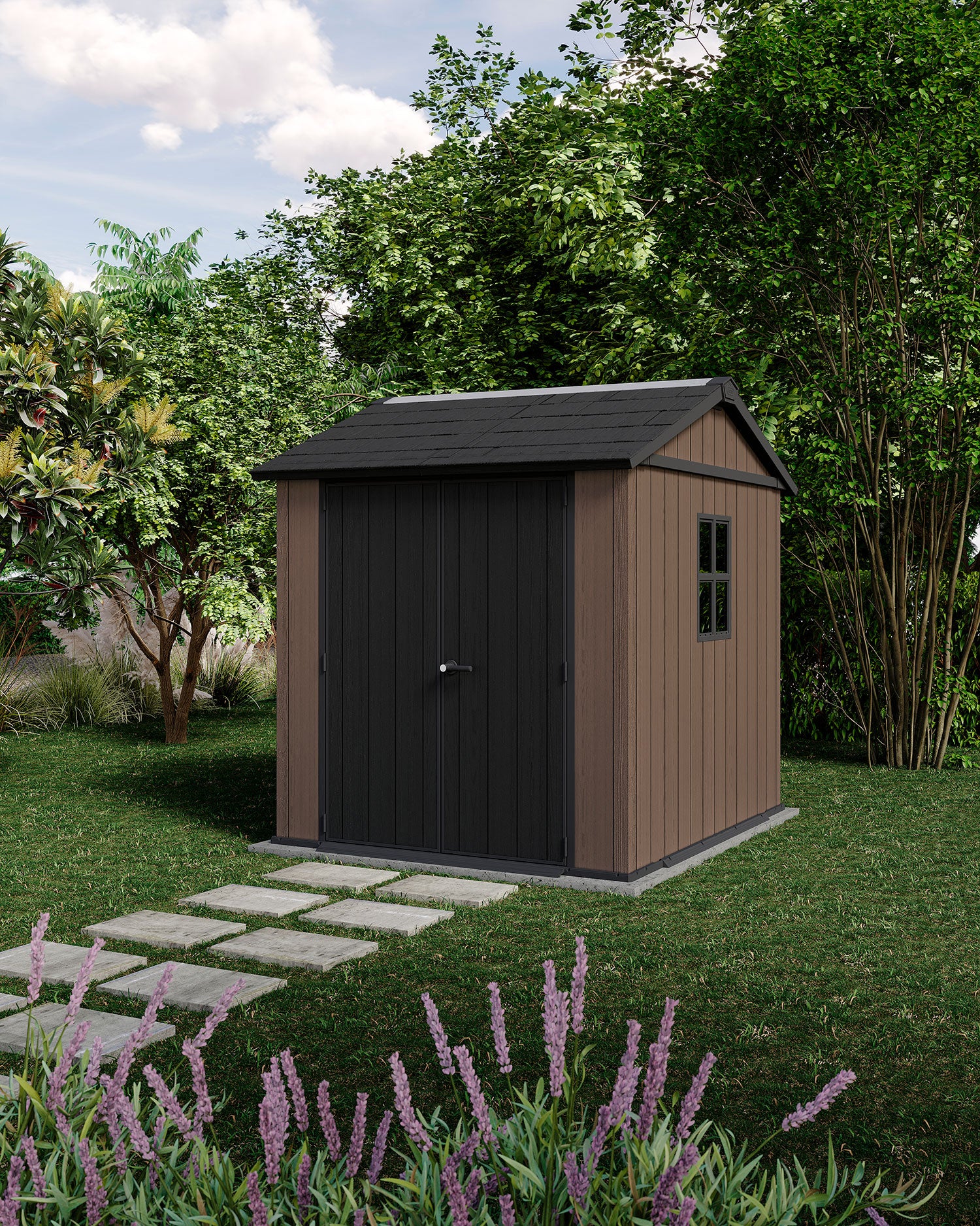 Casetta Box da Giardino 230x223,8x246 cm Newton Plus 757/775 Doppia Opzione Montaggio in Resina Evotech+ Marrone