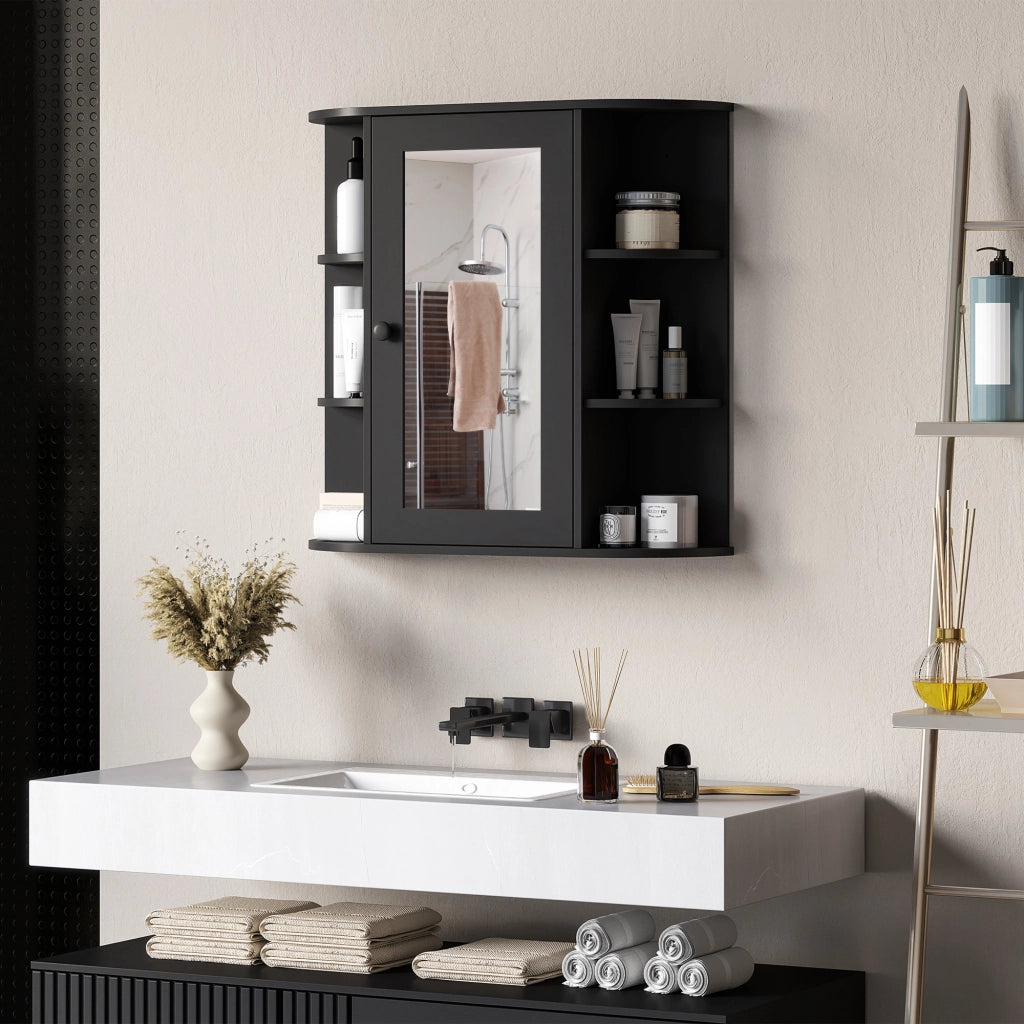 Armadio con Specchio da  Bagno 66x17x63 cm con 6 Ripiani Aperti e 2 Chiusi in Legno e Vetro Nero