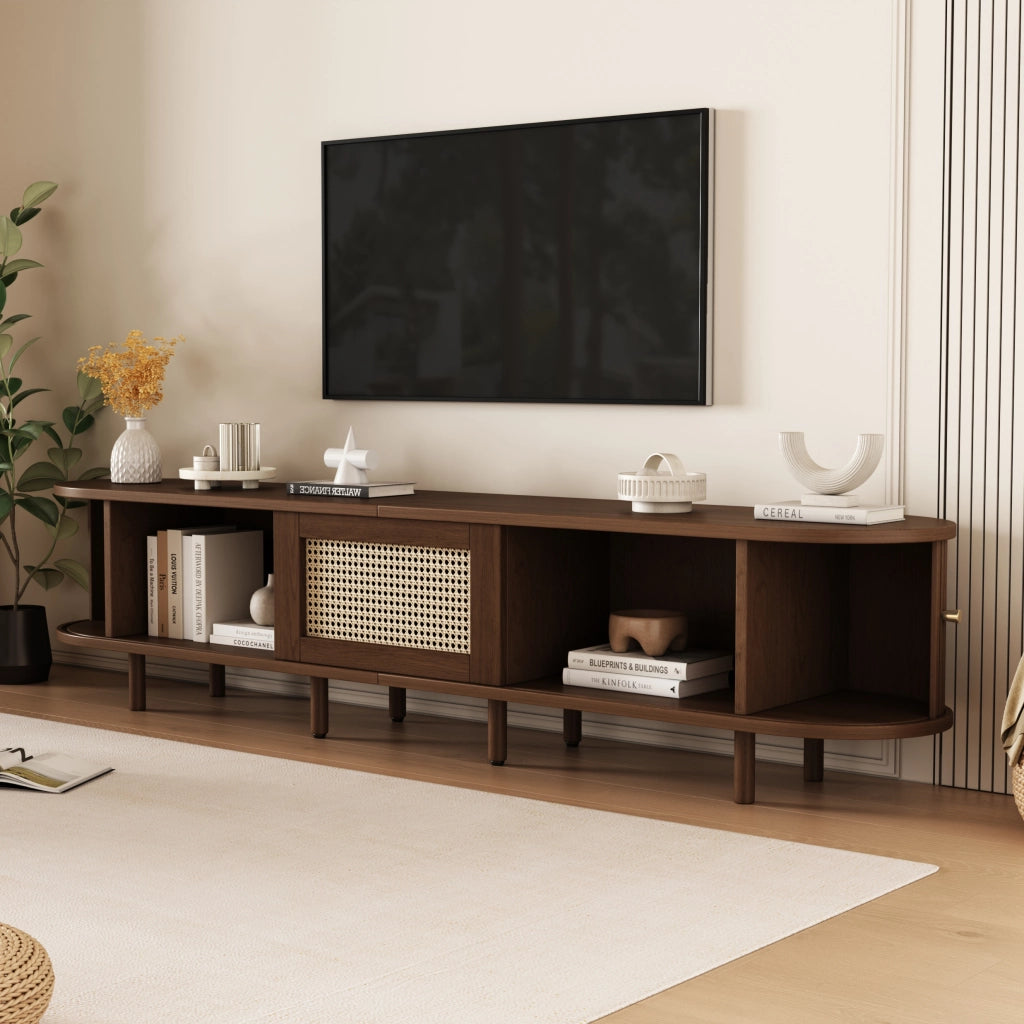 Mobile porta TV ovale con 1 cassetto e 2 ante scorrevoli, per soggiorno, in MDF, noce scuro, 180 × 40 × 40 cm