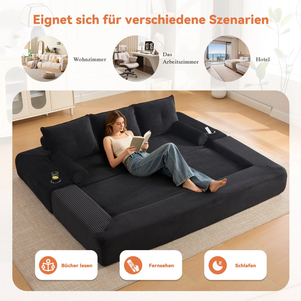 Divano letto modulare in velluto a coste con cuscini memory, tasche laterali e portabevande, nero 232 × 98 × 80 cm
