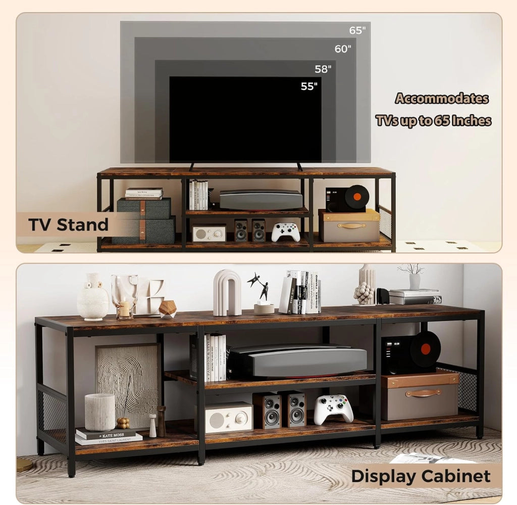 Mobile TV per TV fino a 65", Panca TV con 5 ripiani aperti, Tavolo TV con gambe regolabili, telaio in metallo, stile vintage, 150 x 40 x 45 cm, per soggiorno, camera da letto, ingresso