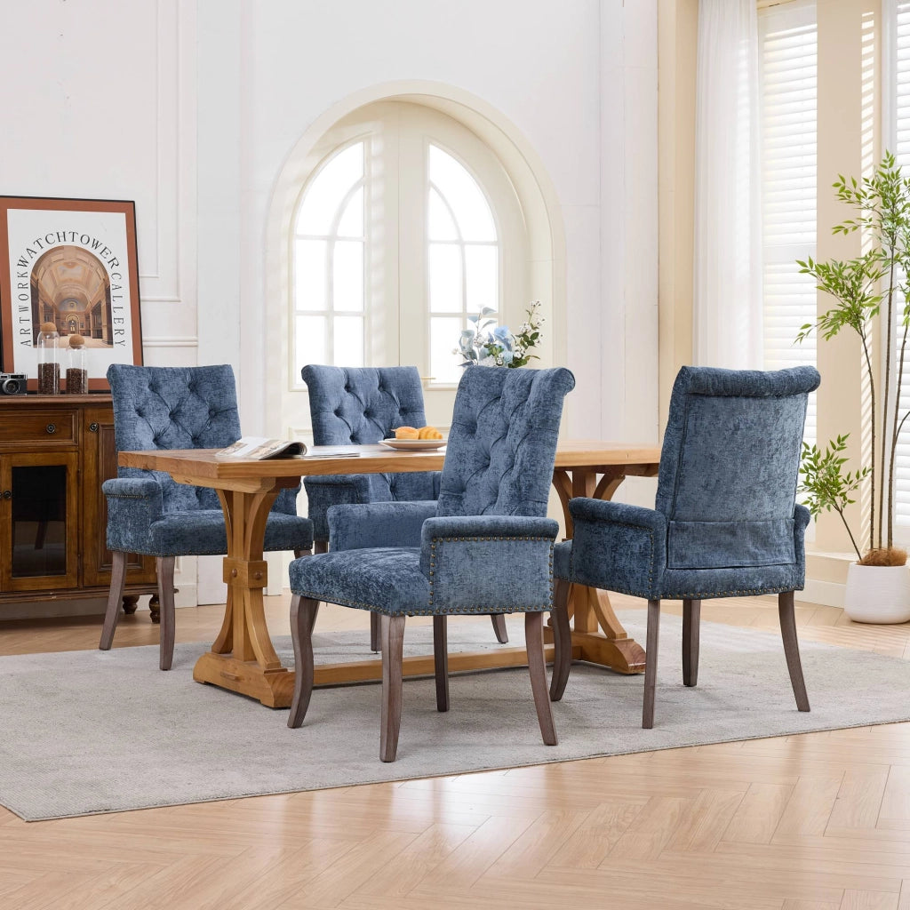 Sedia da pranzo, venduta singolarmente, tessuto chenille, gambe in legno massello, con braccioli, blu