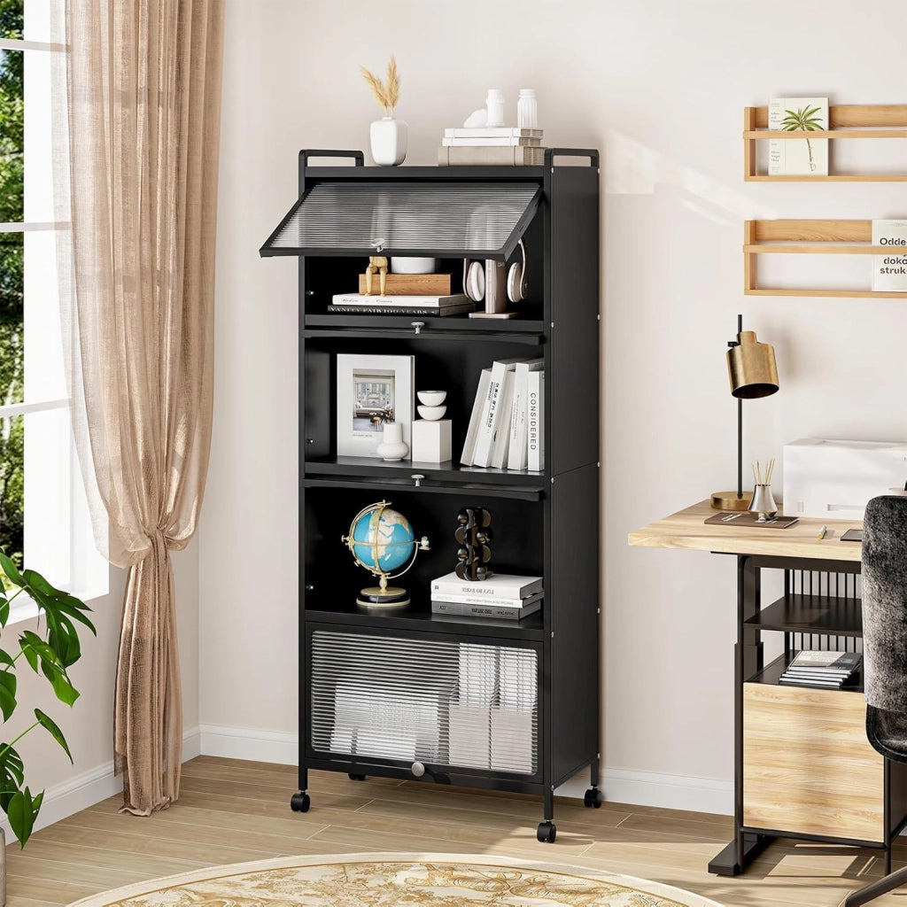 Credenza Cucina a 5 Livelli, Scaffale da Cucina in Piedi su Ruote, Mobile Cucina Dispensa con Ante in PC, con Protezione Antiribaltamento, 60 x 32 x 154 cm, 3 Colori (Nero)