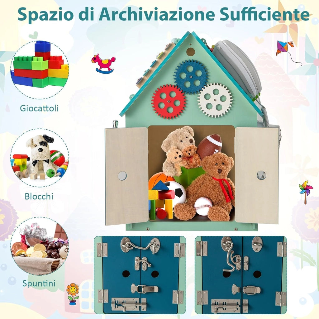Occupato Montessori per Bambini, Casa da Gioco Montessori con Giochi Sensoriali e Spazio Interno, Giocattolo Educativo e Regalo per Bambini 3 Anni+ (Blu)
