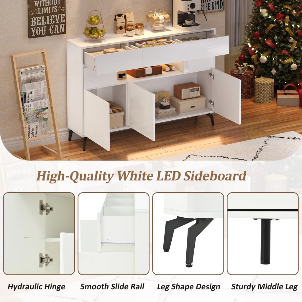 Credenza e madia con LED e 3 cassetti, 5 vani e vano aperto, per soggiorno, bianco, 140 × 30 × 82 cm