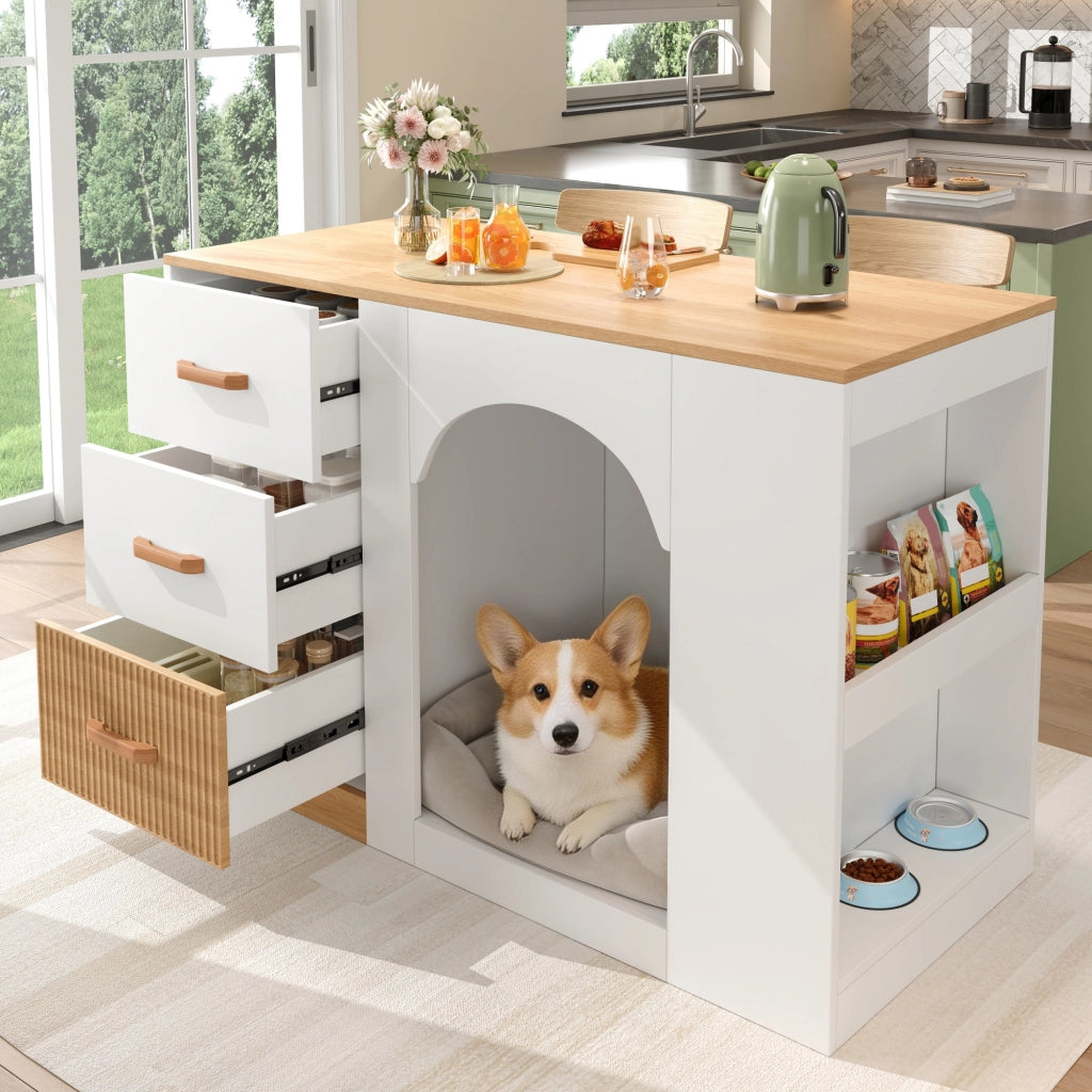 Isola da Cucina 120×60×90 cm con 3 Cassetti; 2 Ripiani Laterali e Zona Riposo per Animali; Bianca Legno